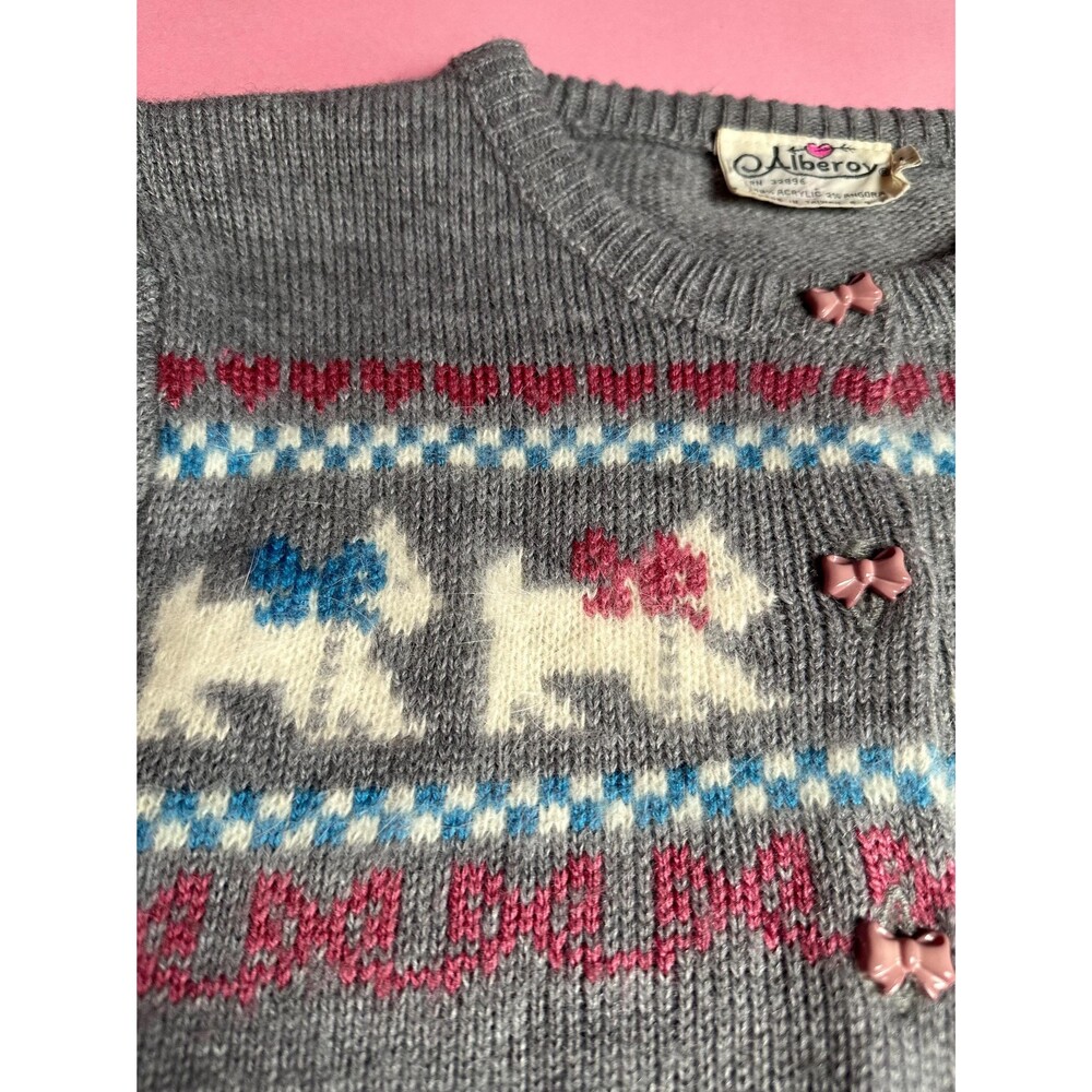 1970s ALBEROY Bow, RIBBON, Hearts, & Angora DOGs Cardigan W/Bow Buttons. S-M - Picture 12 of 16